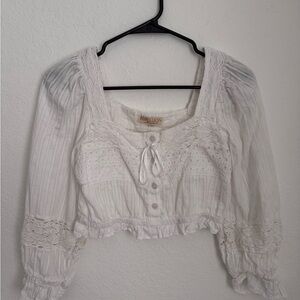 Rebellion White Eyelet Tie-Front Square Neck Cropped Blouse